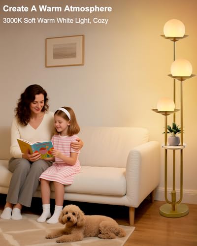 Image of Lightdot 3-Light Globe Floor Lamp with Shelf Modern Dimmable Floor Lamps for Wedding /Party, 3000K Warm White Bulbs Included, Gold Tall Standing Lamp for Living Room /Bedroom /Sofa Beside /Corner Decor