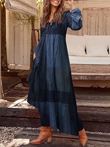 Zanzea Women's Casual Maxi Dress Long Sleeve Loose V Neck Printed Kaftan Party Check Plaid Shrit Dress Puff Sleeve With Pocket Blue Xx-Large #TOP3