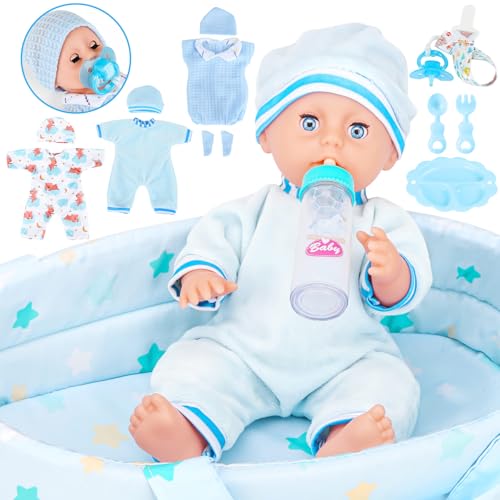 Baby Doll 12 Inches Boy Doll Set with 3 Clothes and Accessories, Carrier Bassinet Bed, Bottle, Pacifier, Blanket, Pretend Play Toddler Toys for Age 3 4 5 6 7 8 Years Old Kids Girls Boys Gift
