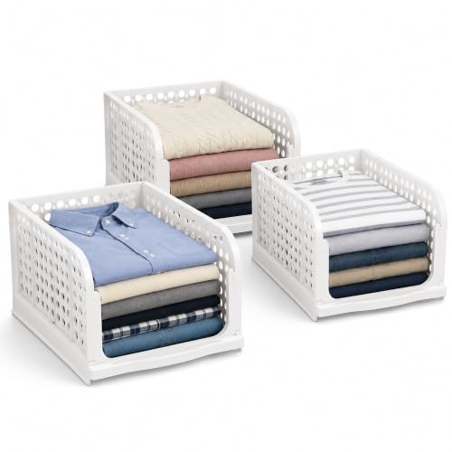Image of CLAPONE Set of 3 Large Foldable Cloth Storage Organizer /Stackable Wardrobe Organizer for Clothes /Multipurpose Sliding Basket /Rack Organiser for Storage /Shirt Stacker Box (44 x 33 x 18.5 cm, White)