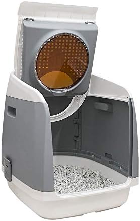 AllPetSolutions Cat Litter Box - Kitty Litter Pen with Locking Front Door & Top Exit - Plastic Toilet Enclosure with Grid Mess Catcher - Pet Supplies for Housetraining - White & Grey, 54.9x49.2x45.9cm