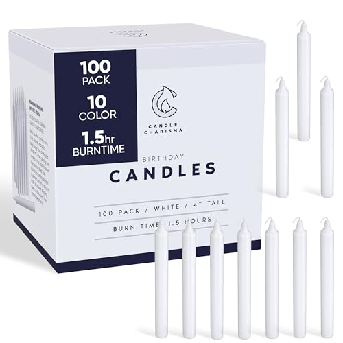 Candle Charisma 100 White Spell Candles - 4 Unscented Paraffin Chime Candles Smokeless & Dripless Colored Candles Long Burn Time 0.43 Thick Taper Candles for Rituals Birthdays and Parties