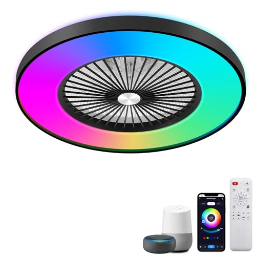 24" Low Profile Ceiling Fan with Light, Bladeless Ceiling Fan with with Alexa, Remote/APP/Voice Control, Modern Flush Mount Ceiling Fans Dimmable Color Chaning LED-RGB Ambient Light Black