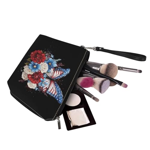 Image of Butterfly Tote Large Top Handle Purse With Matching Wallet, American Flag Handbag Set for Women Satchel Hobo With PU Cosmetic Bag for Working, Shopping, Black