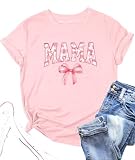 Mama Shirt Women Pink Bow Graphic Mom Tshirt Casual Pink Ribbon Loose Short Sleeve Mama Life Tops TeePinkS