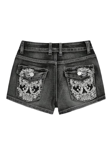 SOLY HUX Women's Y2k Denim Shorts Grunge Punk Low Waist Skinny Mini Jean Shorts Streetwear, Black Graphic, M