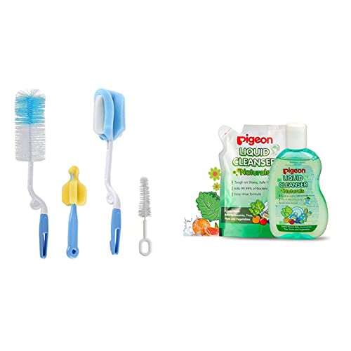 Image of Syga 4 Pcs Baby Milk Bottle Nipple Straw Brush Sponge Nylon Cleaning Brush Cleaner Bottle Tong Set R&Pigeon Naturals Liquid Cleanser Combo, 400 Ml (Bottle+Refill)