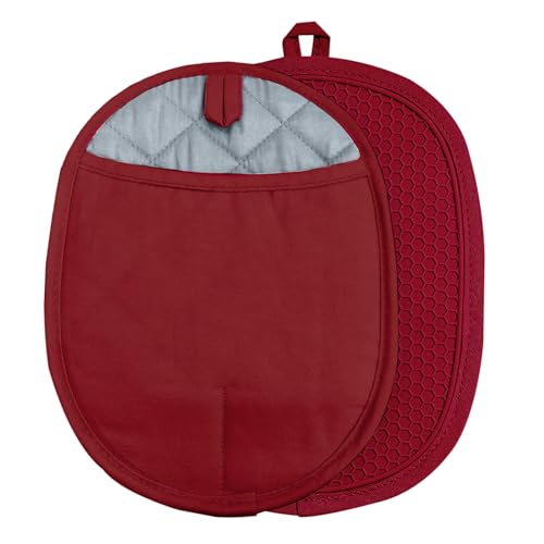 Silicone Pot Holders with Pockets Set of 2, Anti-Slip Ribbed Potholders for Kitchens, Heat & Water Resistant Hot Pads and Oven Mitts for Cooking Baking 9.8 x 7.5 Inch (Red)
