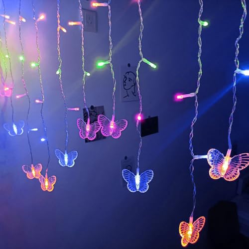 Butterfly Curtain Lights 120 LED 19.7FT USB Powered 8 Modes Remote Window Curtain Lights with 24 Butterflies Waterproof Twinkle Lights for Bedroom Christmas Holiday Party Decoration (Multi-Pinky)