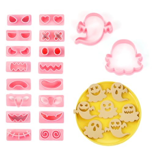 Cortadores Galletas Halloween, Juego de 10 3D Moldes para Galletas de Plástico-con 2 Patrones de Fantasmas, 4 Patrones de Ojos y 4 Patrones de Boca