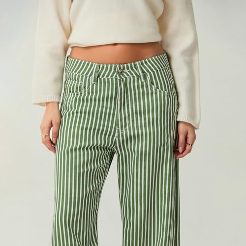 Women Y2K Striped Jeans Casual High Waist Button Flare Denim Pants Loose Fit Wide Leg Boyfriend Trousers with Pockets4