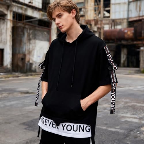 Mens Short Sleeve Hoodie Patchwork T-Shirt Pocket Hip Hop Athletic Hoodie Casual4