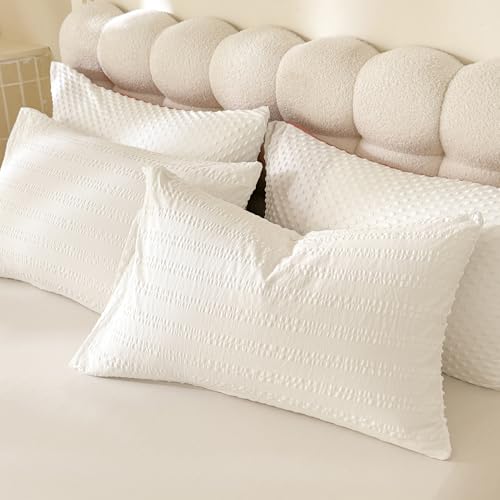 Image of tohrisa Boho Comforter Set Queen Size Striped Pleats Bohemian Seersucker Bedding Set All Season Soft Cozy 3 Pieces Quilt with 2 Pillowcases(90 inchX90 inch White)