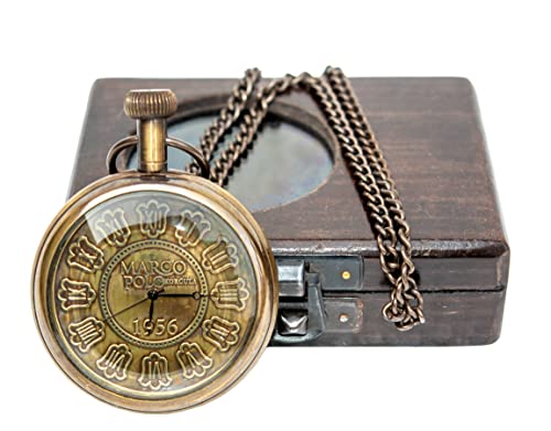 Hassanhandicrafts Antique Vintage Maritime 1956 Marco Polo Brass Pocket Watch with Wooden Box