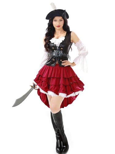 Funna Pirate Costume Women Adult Outfit 5 Piece with Hat Pirate Skirt Belt Black, Large