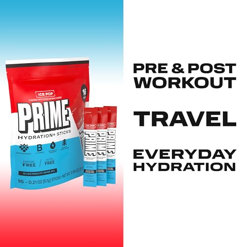 Image of PRIME HYDRATION+ Electrolyte Powder Sticks, Ice Pop, Sugar Free Hydration Drink Mix with Potassium, Magnesium & B Vitamins to Replenish Fluids, Caffeine Free, 16 Count