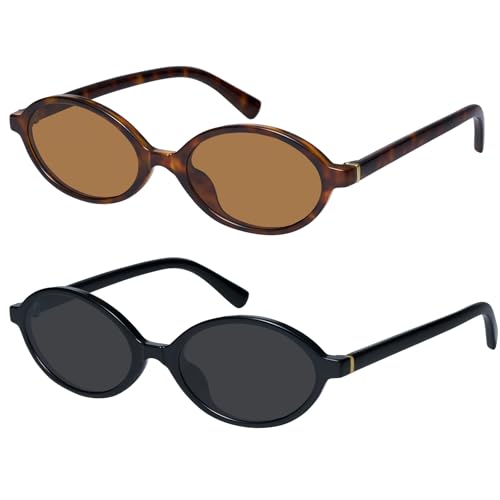 mosanana Trendy Oval Sunglasses for Women 2025 Small 90s Retro Vintage Cute Fashion Cool Thin Skinny Narrow Tiny Tortoise Brown Black Grey MS52477