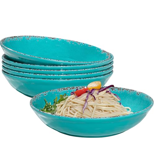 ZAROCRUS Farmhouse Melamine Pasta Bowls Set of 6, 42 OZ Shallow Individual Bowl, Melamine Pasta Plates and Salad Bowls sets, Dishwasher Safe Serving,Snack bowl,Fruit Bowl, Teal