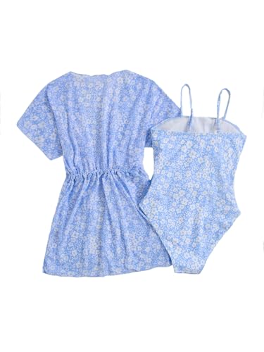 OYOANGLE Girl's 2 Piece Bikini Sets Swimwear Cute Floral Print Spaghetti Strap Swimsuits with Kimono Coverup2