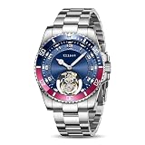 EEIJOY Men's Genuine Flying Tourbillon Watch, Manual Winding Only, 42mm 316L Steel, Sapphire Crystal, Bi-Color Bezel, Luminous Dial, 5ATM Water Resistant (50M), Steel and Leather Strap