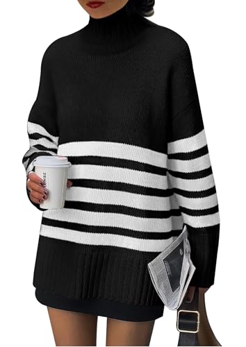 PRETTYGARDEN Women Oversized Striped Turtleneck Sweater 2025 Fall Fashion Long Sleeve Pullover Winter Chunky Knit Jumper Tops