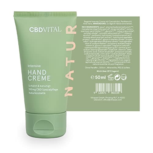 CBD Handcreme - Schnell einziehend für trockene Hände | Naturkosmetik | Wirkt besonders beruhigend bei empfindlicher Haut | 100% vegan | 100 mg Cannabidiol | Für Männer & Frauen | CBDVITAL