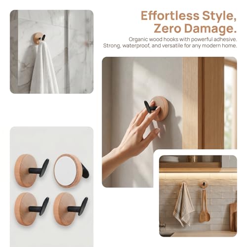 Duronge Crochet Mural en Bois et Métal Noir, Patère Adhésive Sans Perçage, Style Scandinave pour Cuisine, Salle de Bain, Chambre et Entrée – vue 2