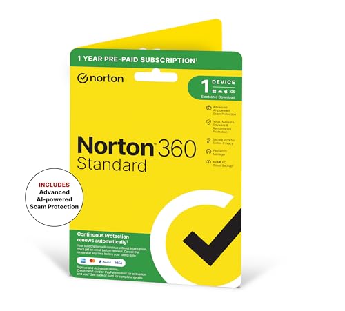 Norton 360 Standard 2025, Antivirus software for 1 Device and 1-year subscription with automatic renewal, Includes Secure VPN and Password Manager, PC/Mac/iOS/Android, Activation Code by Post