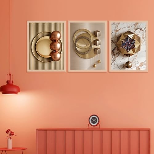 Image of ARAkri Geometric Abstract Wall Art Set of 3, Framed Poster Prints, Gold and Copper Tones, Modern Abstract, Ready to Hang, Living Room Decor (Art 2, 13 x 17 inch)