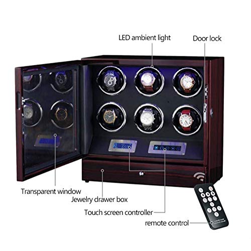 GUOOK Luxus 6 + 0 Automatische Holz Uhrenbeweger Fernbedienung LCD Touchscreen Rotationsbeweger Deluxe Silent Motor Pine Box mit Schubladenschloss