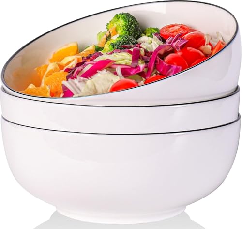 AnBnCn 60 oz Large Porcelain Soup Bowls – 8 inches White Serving Bowls for Noodles, Pho, Ramen, Microwave Safe, Set of 3