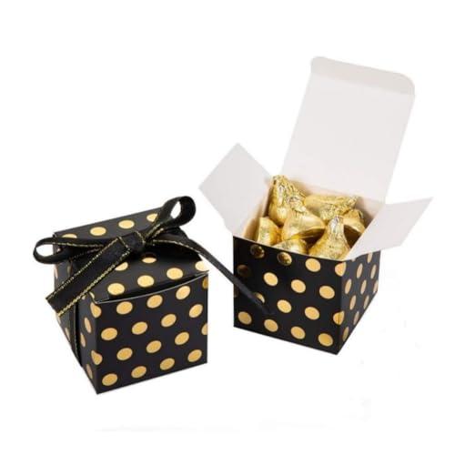 KUPOO 50 Favor Boxes with Ribbons–Gift Boxes for Weddings,Baby Showers,Parties(Black with Gold)