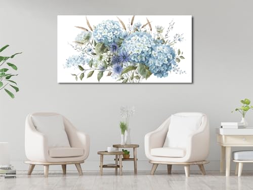 Image of VEAEE Flowers Canvas Wall Art - Blue Floral Canvas Pictures, Living Room Wall Decor, Blue Hydrangea Botanical Canvas Prints Painting Abstract Artwork Bedroom Office Kitchen Home Decoration 29 inchx 58 inch