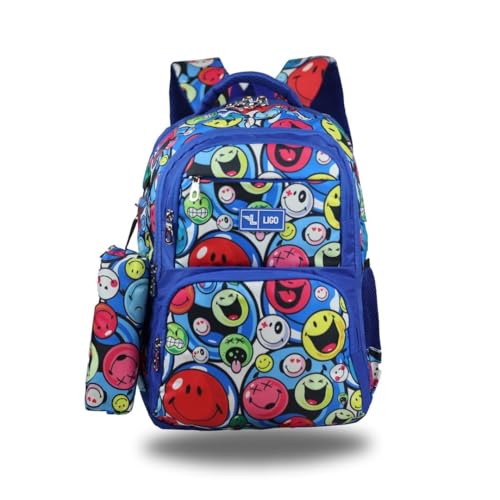 Ligo 16 Inch Smiley Face 16 Inch School Bag for Boys and Girls (Blue)