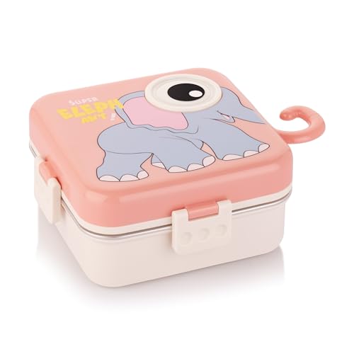 Image of ATTRO Carnival Super Elephant Lunch Box 2 Layer Stainless Steel Lunch Box Comes with 1 Detachable Tray, 1 Small Container & 1 Spoon Ideal for Kids BPA Free 1120ml+70ml- Peach