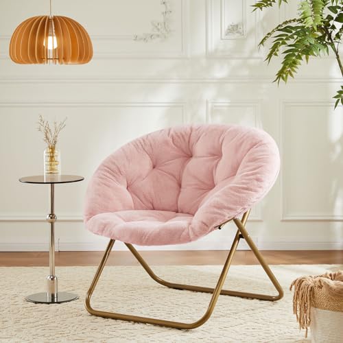 Image of Simple Deluxe Comfy Chairs for Bedroom, Faux Fur Saucer Chair for Adults, Oversized Comfy Soft Saucer Chair, Padded Lazy Chair for Living Room Dorm Rooms, Pink