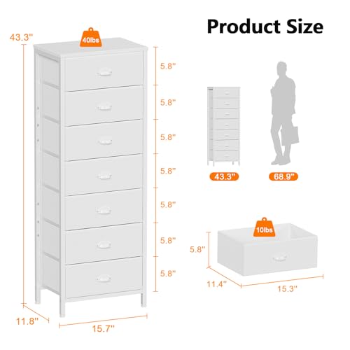 Furnulem White Tall Dresser for Bedroom with 7 Drawers, Vertical Chest of Drawer in Closet, Nightstand Storage Tower Unit Organizer with Fabric Bins for Dorm,Living Room,Entryway,Hallyway - Image 4