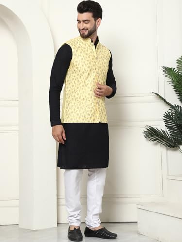 Image of SOJANYA (Since 1958 Men's Cotton Linen Maroon Kurta and White Pyjama with Mustard Cotton Nehru Jacket