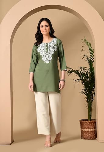 Image of LIBOZA Kurti for Women - Short Chikankari Kurtis for Girls, Lakhnawi Tunic Top Kurta Design for Ladies, Woman Ethnic Kurthis & Shirt with Sleeve