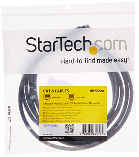 Image of StarTech 8ft CAT6 Ethernet Cable - Black CAT 6 Gigabit Ethernet Wire -250Mhz 100W PoE RJ45 UTP Molded Network Patch Cord with Strain Relief (C6PATCH8BK) | 250MHz bandwidth, Gold-plated RJ45, Patch Cable, Ethernet Cord, UTP Molded Network, Strain Relief, 10Gbps speeds