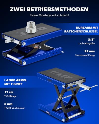 Orion Motor Tech Motorradheber Motorradhebebühne höhenverstellbarer 95-370mm Hebescheren-Mittelständer mit Kapazität von 500kg/1100 lbs Fahrradreparatur-Scherenheber für die Motorradwartung, Blau