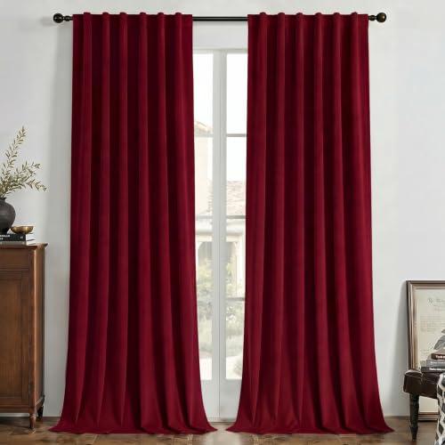 Image of Joydeco Christmas 100% Blackout Red Velvet Curtains 96 Inches Long 2 Panels Set, Black Out Curtain for Bedroom Living Room, Heavy Luxury Thermal Insulated Curtains Rod Pocket Back Tab, 52W x 96L