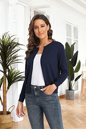 Cunyi Women's Crew Neck Cardigan Long Sleeve Sweater For Women Button Down Soft Knit Ladies Cardigan Sweates Coat, Navy M #TOP6