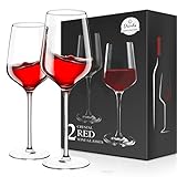 Maxboro Red Wine Glasses Set of 2, Hand Blown Lead-Free Burgundy Wine Glasses, Long Stem Glasses for