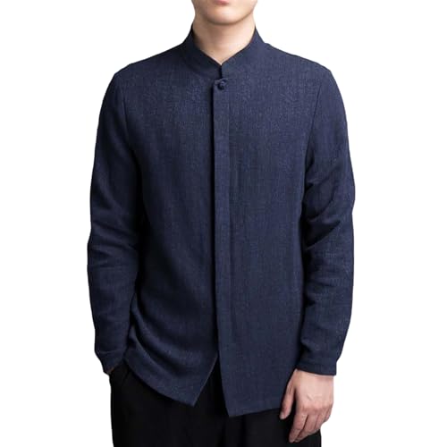 Chemise manches longues coton et lin respirante col montant pour homme