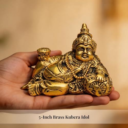 Image of Plus Value Brass Lord Kuber Maharaj Idol Statue God of Wealth Vastu Products for Temple Home Office Decor (8 x 14 x 10.5 cm, Gold)