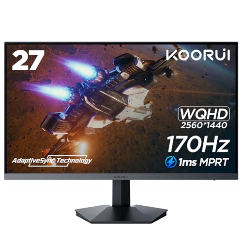 KOORUI 27 Inch Gaming Monitor QHD (2560 x 1440), 170 Hz, 1ms, DCI-P3 90% Color Gamut, Adaptive Sync, (HDMI, DisplayPort) Black GN03