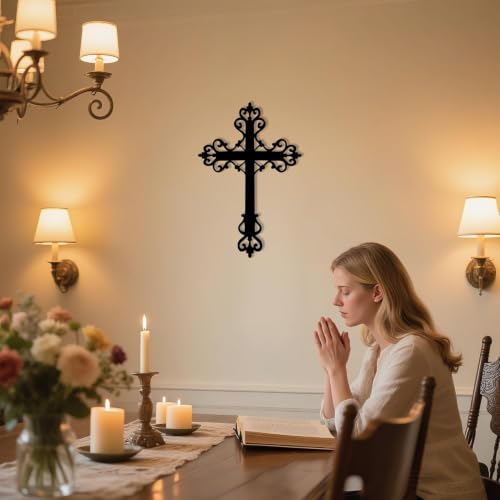 Freton Metal Cross Wall Art, Christian Wall Decor, Black, 18.5x12.0 inch