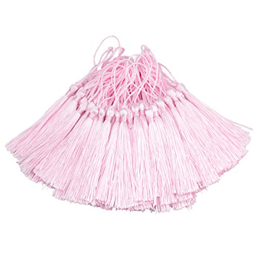 Image of 100pcs 13cm /5 Inch Silky Floss Bookmark Tassels with 2-Inch Cord Loop and Small Chinese Knot for Jewelry Making, Souvenir, Bookmarks, DIY Craft Accessory (Water Pink)