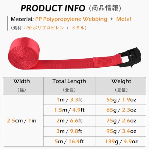 Image of TRIWONDER Cinch Tie Down Straps Cam Buckle Lashing Strap Nylon Small Ratchet Heavy Duty Belts for Packing Cargo Battery Bike Car Roof Rack Kayak Truck (01# Red - 2 Packs, 6.6 FT)